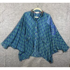Kantha Bae Silk Cape Tunic Womens Free Size Blue Medallion Pockets Handmade